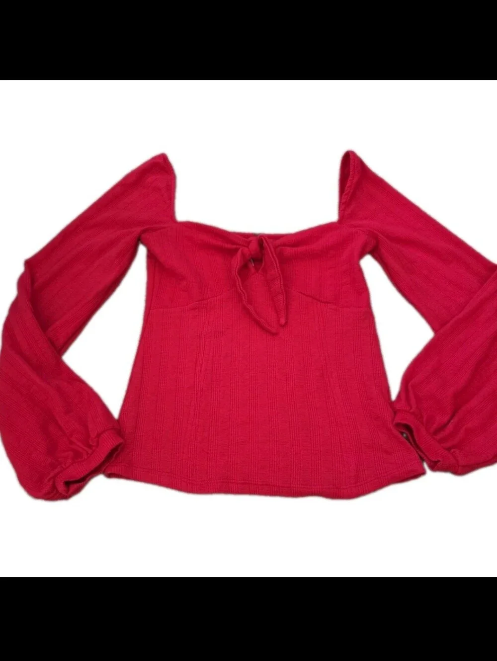 Free People Womens Red It's A Date Ribbed Tie Front Puff Sleeve Top S